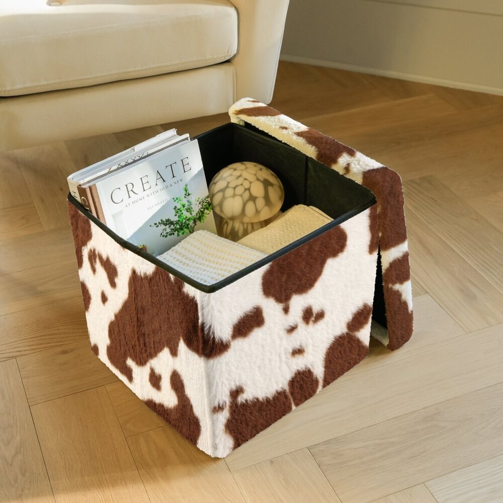 Go-Poufs Knock-Down Medium Cube Faux Cowhide Storage Ottoman | 15"x15"x15"
